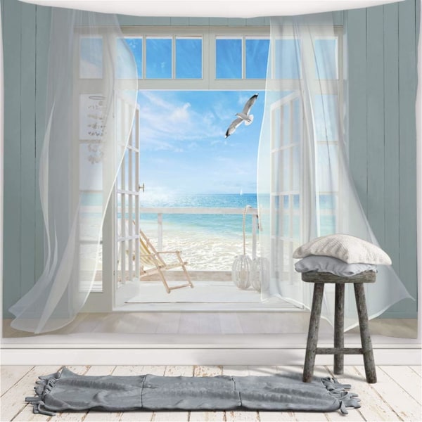 Blå Ocean Sea Fabric Wall Tapestry, Sea Beach Nature Tapestry,