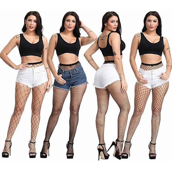 4 Pak Plus Size Netstrømper, Sorte Netstrømpebukser Lårstrømpe