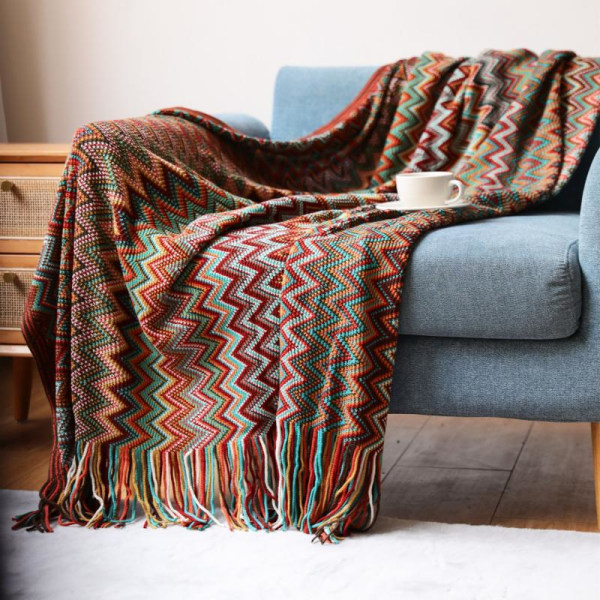 Varmt, blødt og behageligt boheme-sofatæppe med kvast red 130*200CM