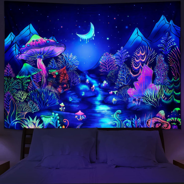 Blacklight Forest Trees Tapestry UV Reactive Mushroom Tapestry F