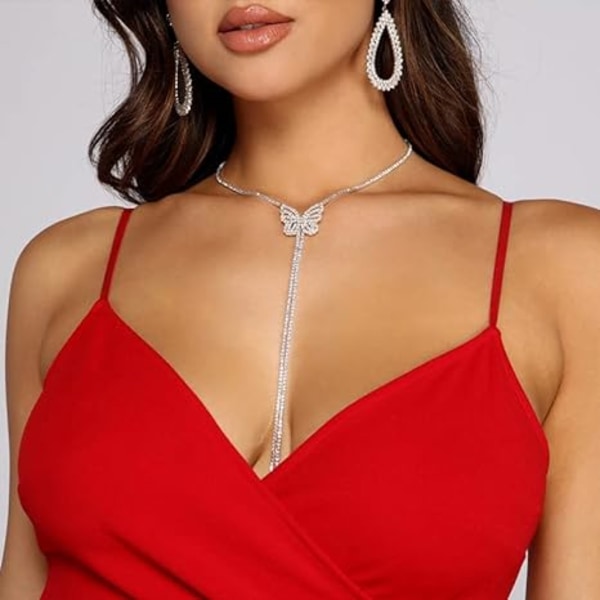 Sommerfugl Choker Halskæder Sølv Rhinestone Halskæde Lang Kæde