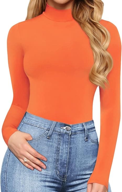 Kvinners langærmet turtleneck topper (oransje, stor)