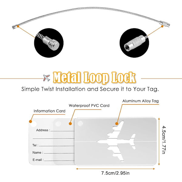 6 kappaletta alumiinista lentokoneen matkatavaralappuja ruostumattomasta teräksestä valmistetulla lanyalla