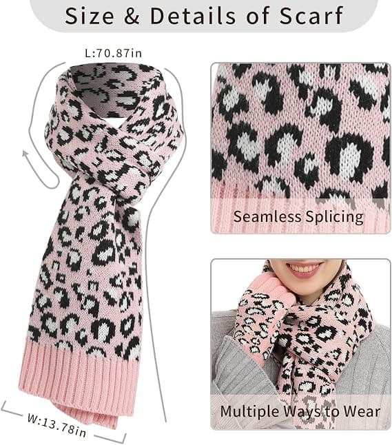 Leopard Beanie Hat Halstørklæde Touch Screen Handsker Sæt med Pom til Wo