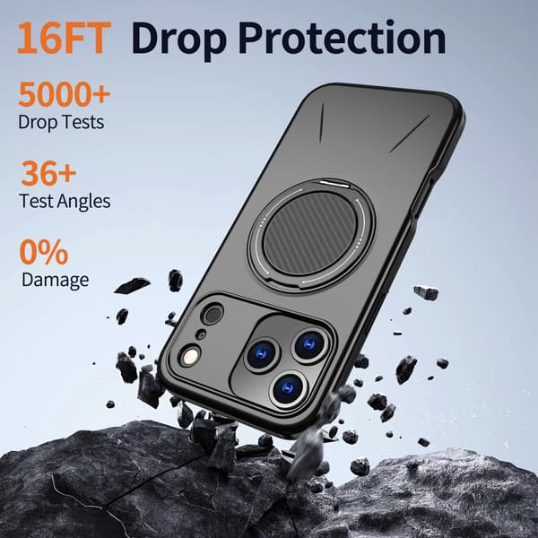 Lämplig för iPhone 16 PRO MAX magnetiskt telefonfodral, stötsäkert telefonfodral, med 360° roterande metallringstativ (stöder MagSafe) Black
