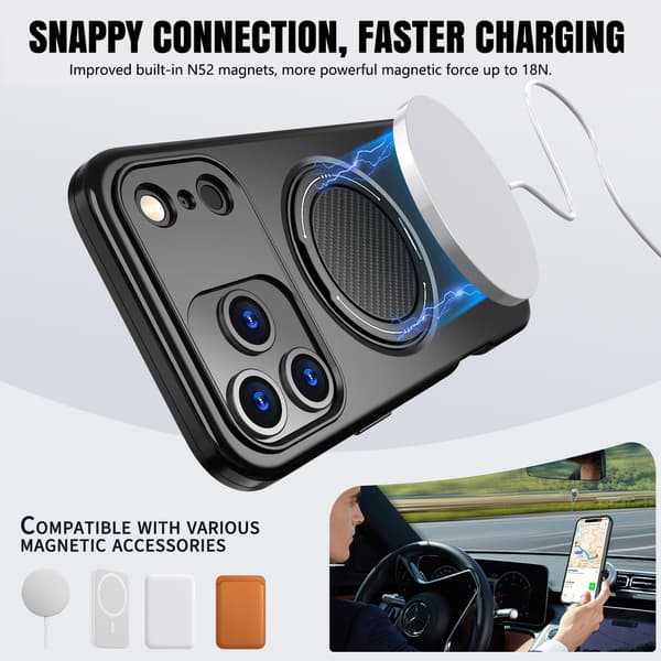 Lämplig för iPhone 16 PRO magnetiskt telefonfodral, stötsäkert telefonfodral, med 360° roterande metallringstativ (stöder MagSafe) Black