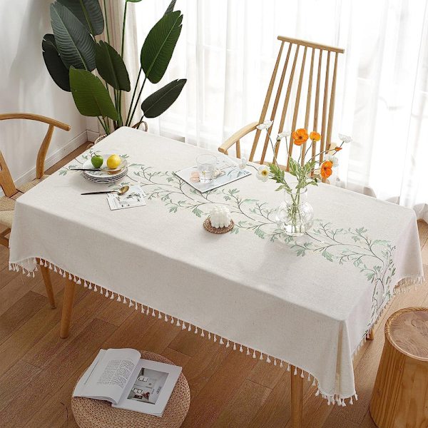 Broderad Duks, Rustik Lanthus Stil Köksbordstyg Blå Bordduk, Smutsavvisande Bomullslinne Rektangulära Borddukar, Blå 140*260cm