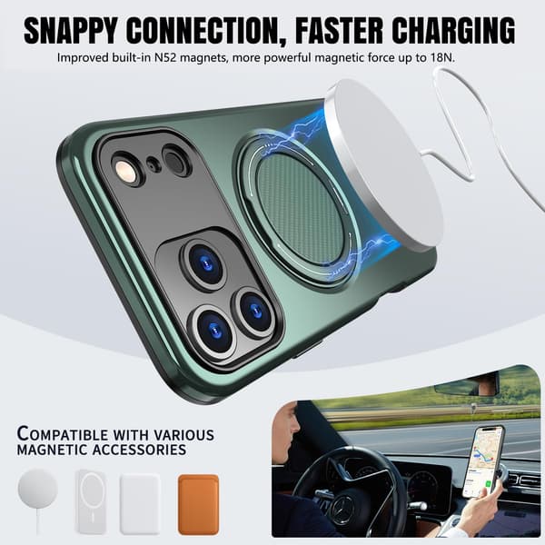 Lämplig för iPhone 16 PRO MAX magnetiskt telefonfodral, stötsäkert telefonfodral, med 360° roterande metallringstativ (stöder MagSafe) Gray-green