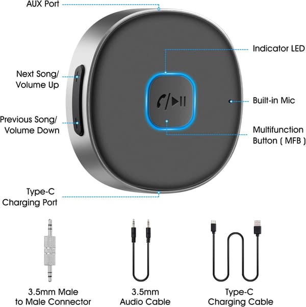 Bluetooth-hjelpemottaker for bil, trådløs Bluetooth 5.0 lydmottaker