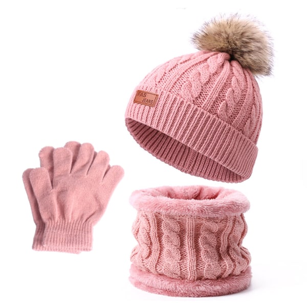 3 osaa talvisten lasten huivi-hattusetti, vauvan beanie kaksinkertaisella pom-pomilla, taaperon talvihattu 1-8-vuotiaille pojille ja tytöille. Deep pink