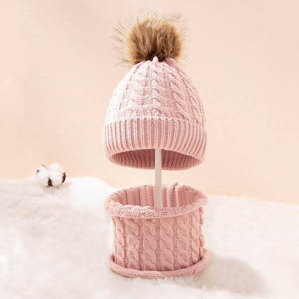 Barn Varm Stickad Mössa Set Vinter Halsduk Baby Mössa Akrylfiber Fu