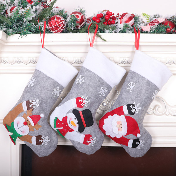 Grå julstrumpa presentpåse med ljus juldekoration julgranshänge godispåse 30*20cm, sockmunning 14cm