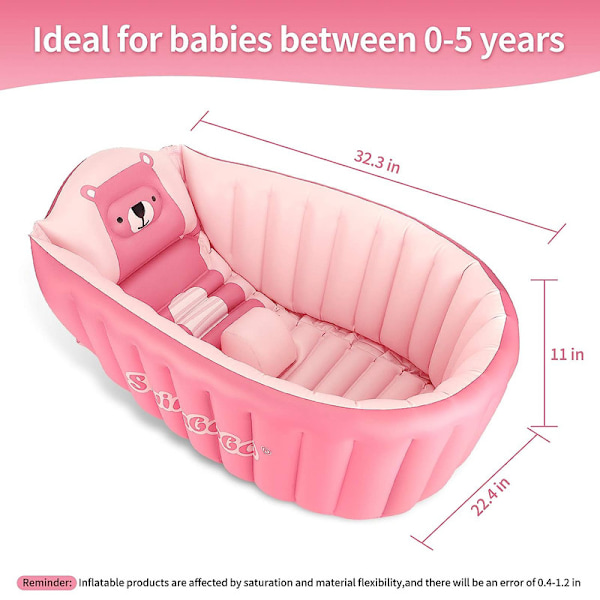 Uppblåsbar badbalja för småbarn, halkfri säkerhetstjock kudde central sits, bärbar resebadstol baby simbassäng för 0-5 år, rosa