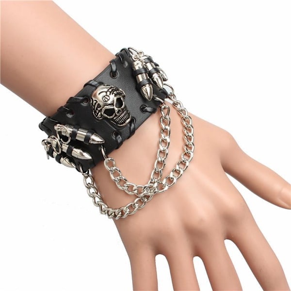 Punk Læder Manchet Armbånd Skull Design Armbånd Justerbar Størrelse