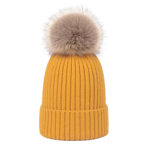 Strikket koselig varm vinter snowboard- og skihue med pompom, slouchy lue for barn baby - gul