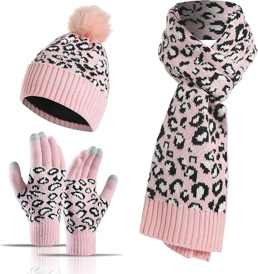 Leopard Beanie Hat Halstørklæde Touch Screen Handsker Sæt med Pom til Wo