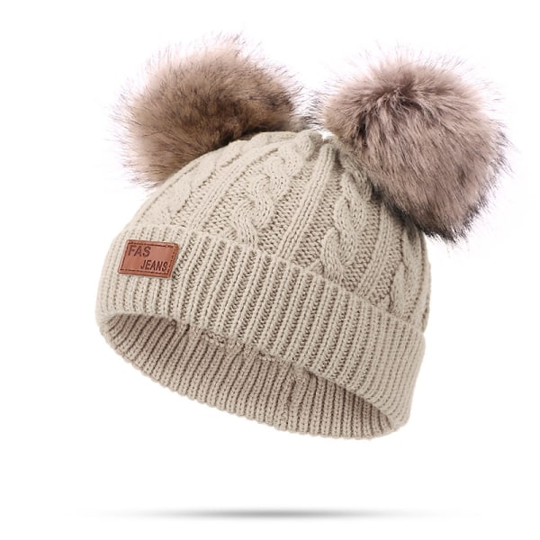 3-pack barn vintermössor och halsdukar - Babybeanie med dubbla pompom - Vintermössa för barn 1-8 år, pojkar och flickor. beige