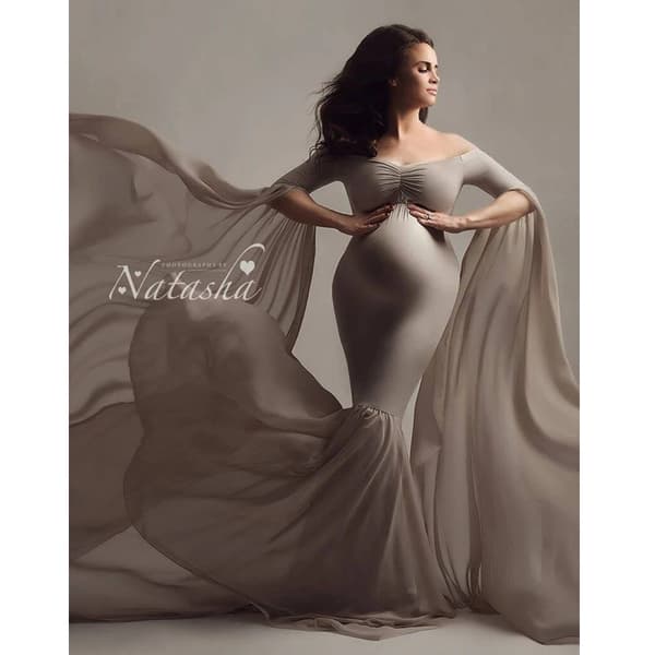 Maternity Chiffon Havfruekjole Off Shoulder Drop Sleeves Fitted