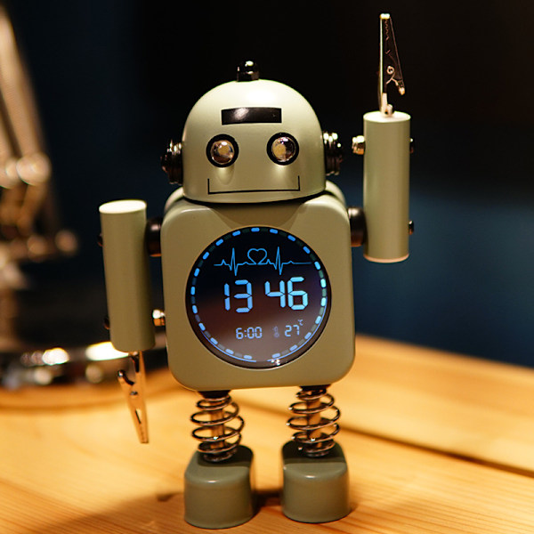Tyst robotväckarklocka, digital display, lysande studenter, bo