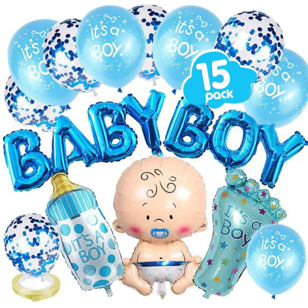 Baby Shower Boy Balloons, Set med 17 Gender Reveal Balloons, Blå