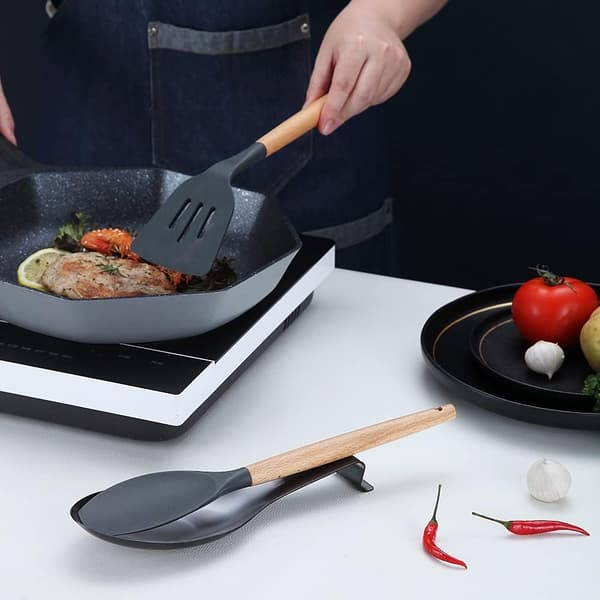 Mat Sort Ske Rest, Rustfrit Stålskeholder til Komfur,