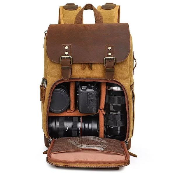 Kameraryggsäck, DSLR SLR Vattentät Canvas Kameraväska Ryggsäck 15,4 tum Laptopväska Reseväska - Gul