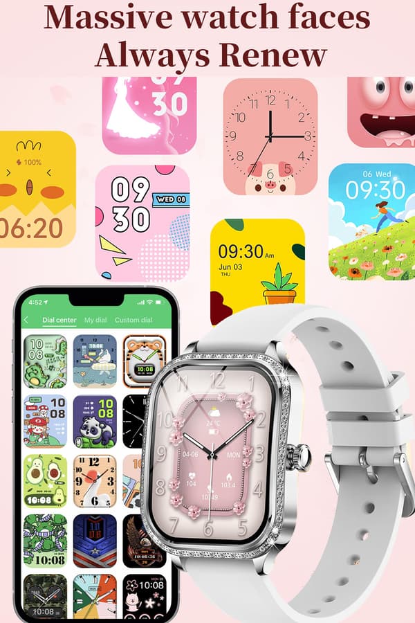 1,75\" HD Diamonds smartklokker for kvinner, svar/ring treningsmåler for Android iOS-telefoner med pulssøvnmonitor skritteller Silver