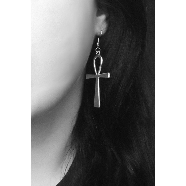 Silver Dangle Drop Ankh Cross Örhängen med Egyptisk Evighetsnyckel