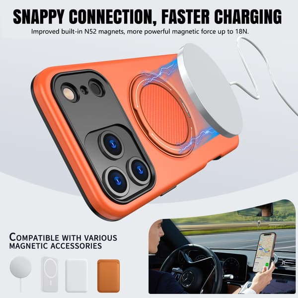 Lämplig för iPhone 16 PRO MAX magnetiskt telefonfodral, stötsäkert telefonfodral, med 360° roterande metallringstativ (stöder MagSafe) Orange