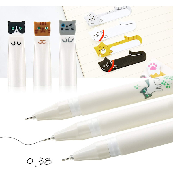 12 søte Kawaii-kattdesign-gelpenner (tilfeldige farger)