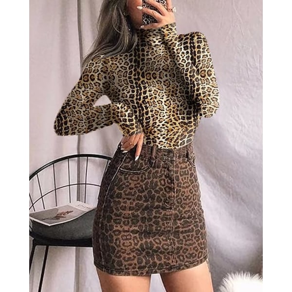 Dame Langærmet Turtleneck Toppe (Leopard, Stor)