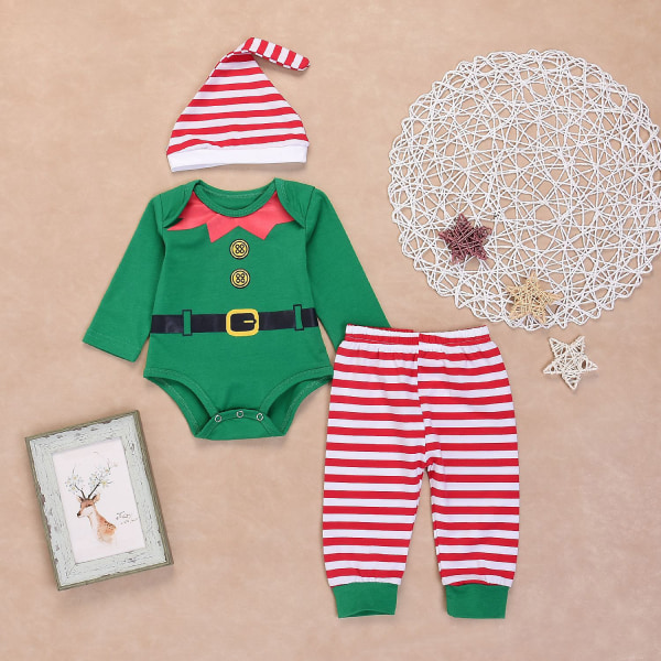 3st Baby Boy Girl Christmas Elf Outfit Långärmad Romper med