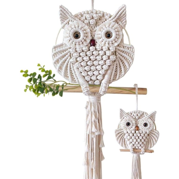 2 stk. Ugle Macrame Vægophæng Gobelin Kunst Dekoration Håndlavet Vævet