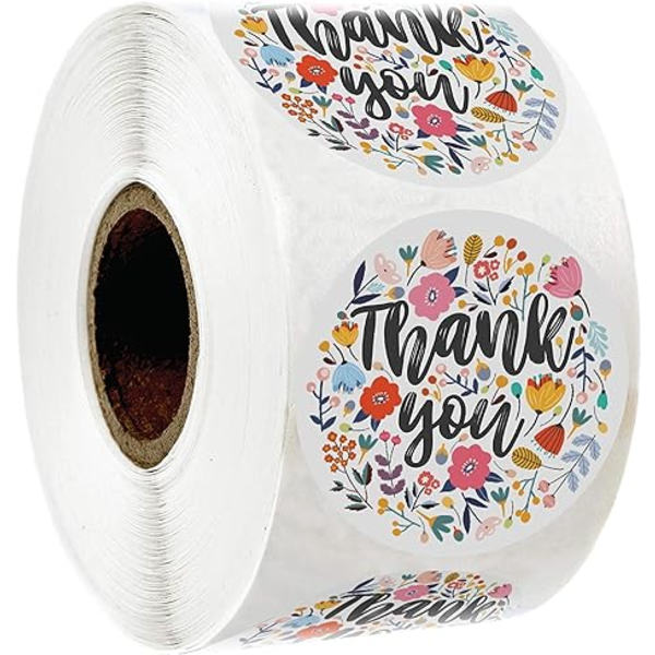 500 Takk Klistremerker 1\" Rund Flerfarget Blomsterdesign Rull -