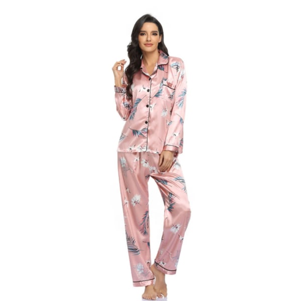 Bekväma stretch satin tvådelad vinterpyjamas (S)