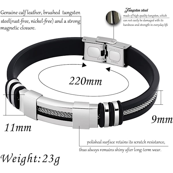 Herr svart silikonarmband, rostfritt stål 22 cm