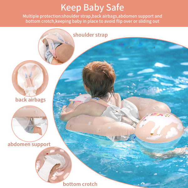 Baby Simningsfloat Uppblåsbar Baby Pool Float Ring Nyaste med Solskyddskåpa, Lägg till Svans för att förhindra Vändning för ålder 3-36 Månader, Rosa L