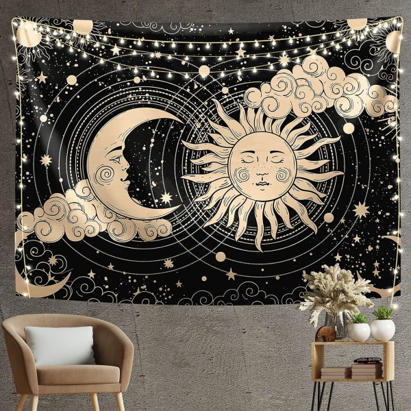 Sol- och måntapet Estetisk Sun Moon Tapestry Dark Black Spi
