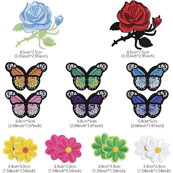 16 stk Blomsterbroderi Strykejern-på Patch, Sommerfuglbroderi