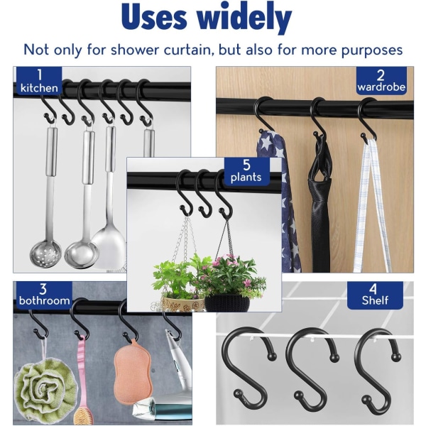 Metal Shower Curtain Hooks, 12 Pack Rings, Rust Resistant S Shap