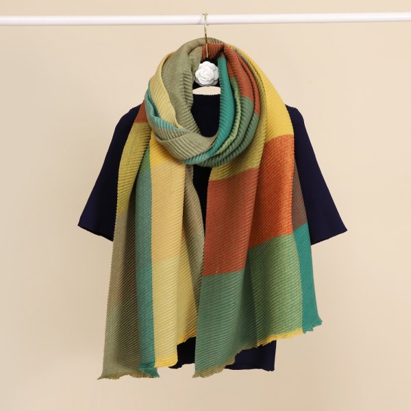 Green Polyester Cotton Plaid Scarf Multicolor Line Women's Thick