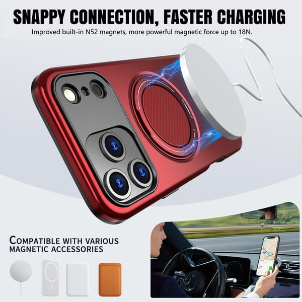 Lämplig för iPhone 16 PRO MAX magnetiskt telefonfodral, stötsäkert telefonfodral, med 360° roterande metallringstativ (stöder MagSafe) Red