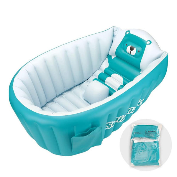 Oppustelig Badekar til Småbørn, Skridsikker Sikkerhed Tyk Pude Central Sæde, Bærbar Rejse Sædebade Baby Swimmingpool til 0-5 År, Blå