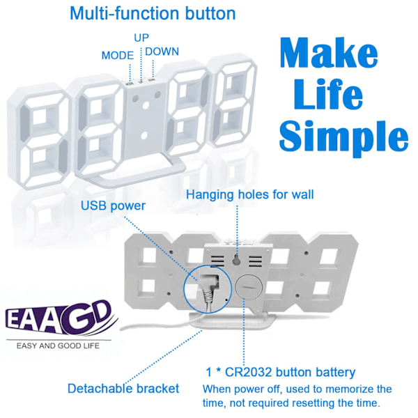 Justerbar ljusstyrka 3D LED digital väckarklocka väggklocka White light