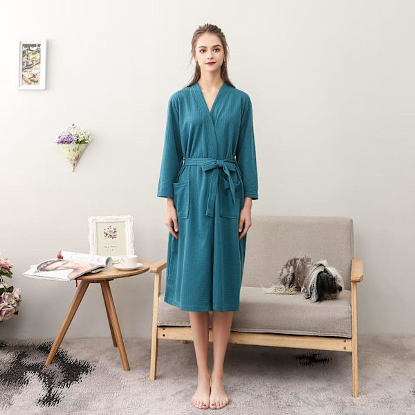 Badrock för kvinnor, vattenabsorberande, enfärgad våffelväv, Spa-hemklänning, nattklänning - Grön XL