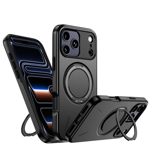 Lämplig för iPhone 17 PRO magnetiskt telefonfodral, stötsäkert telefonfodral, med 360° roterande metallringstativ (stöder MagSafe) Black