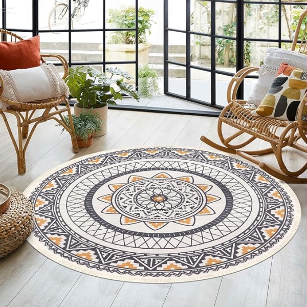 Round Woven Cotton Rug with Fringes Bohemian Printed Rug Washabl