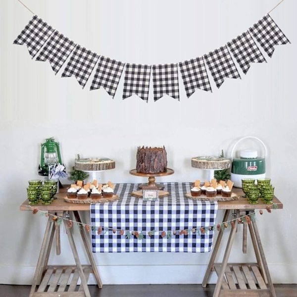 Buffalo Check Plaid Banner for Christmas Fireplace Decorations - Black and White Gingham Bunting Garland Baby Shower Birthday Party Supplies