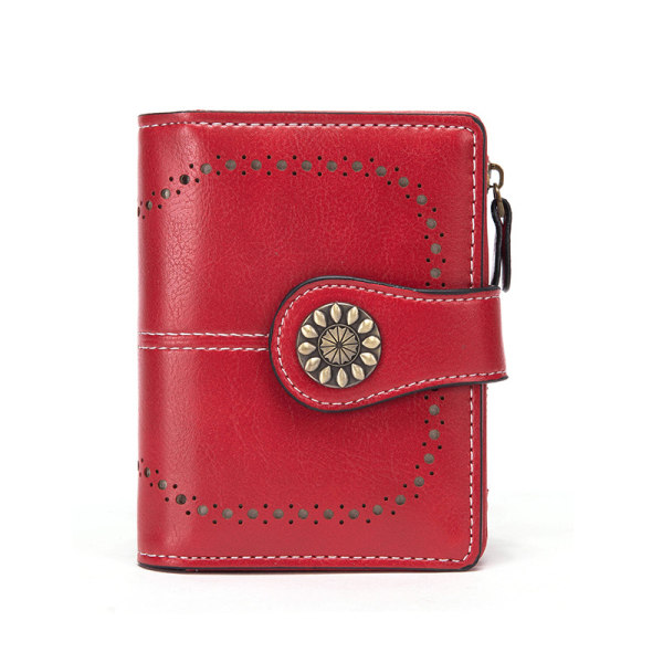 Womens Leather Wallet Small Compact RFID Blocking Credit Card Case Purse with Zipper Pocket - Red