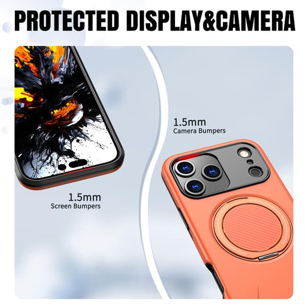 Lämplig för iPhone 16 PRO MAX magnetiskt telefonfodral, stötsäkert telefonfodral, med 360° roterande metallringstativ (stöder MagSafe) Orange